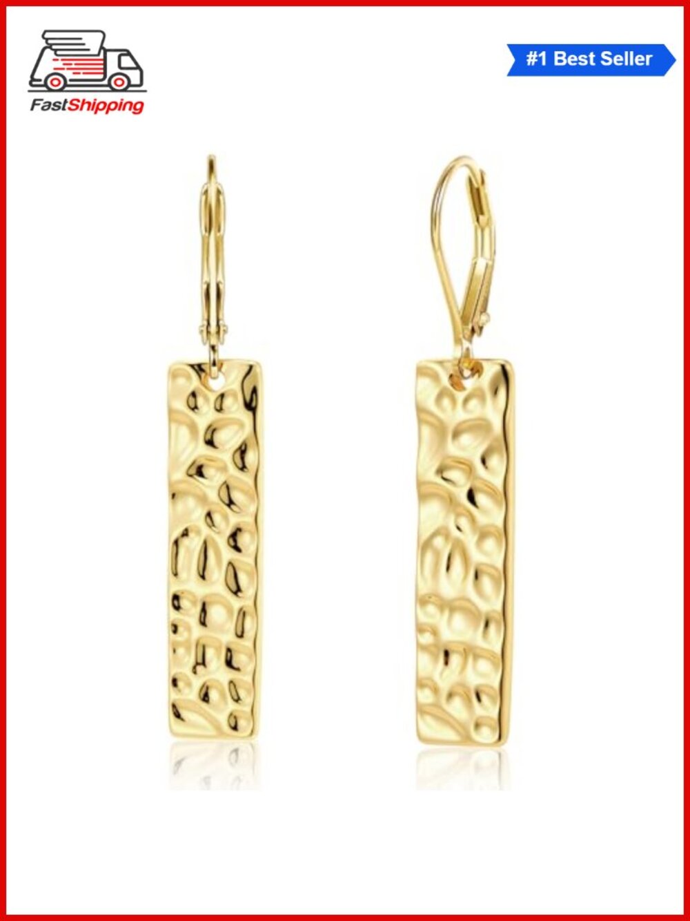 ✨14K Goldplated Hammered Bar Dangle Leverback Earrings for Women